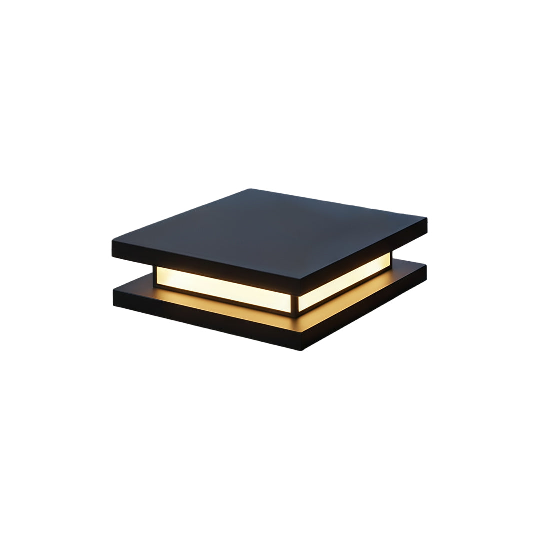 Contemporary decorative garden lights with layered black housing and soft warm LED glow.