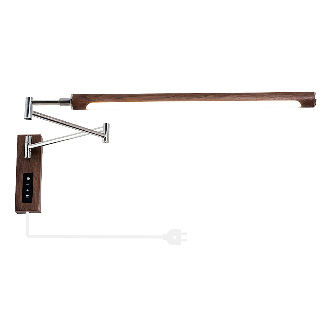 Contemporary design swing wall light with polished metal arm extended horizontally for maximal reach.