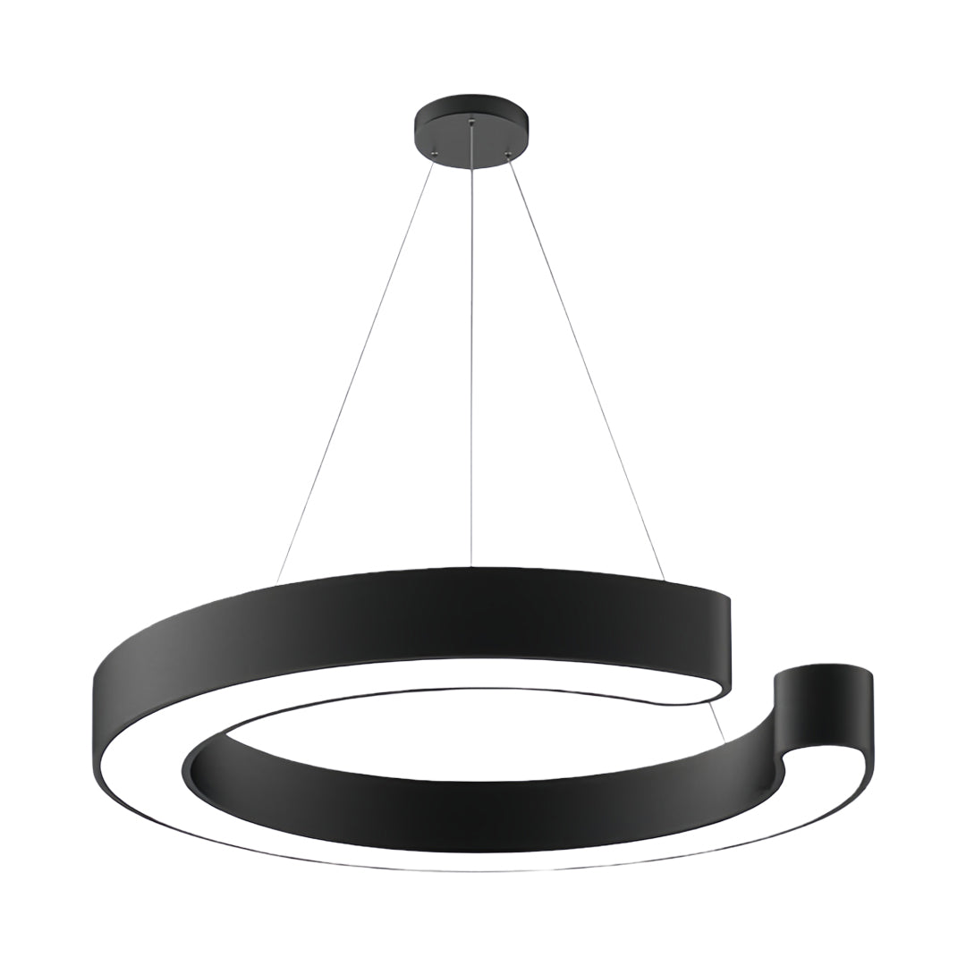 Contemporary geometric pendant light featuring sleek black circular frame with LED integration