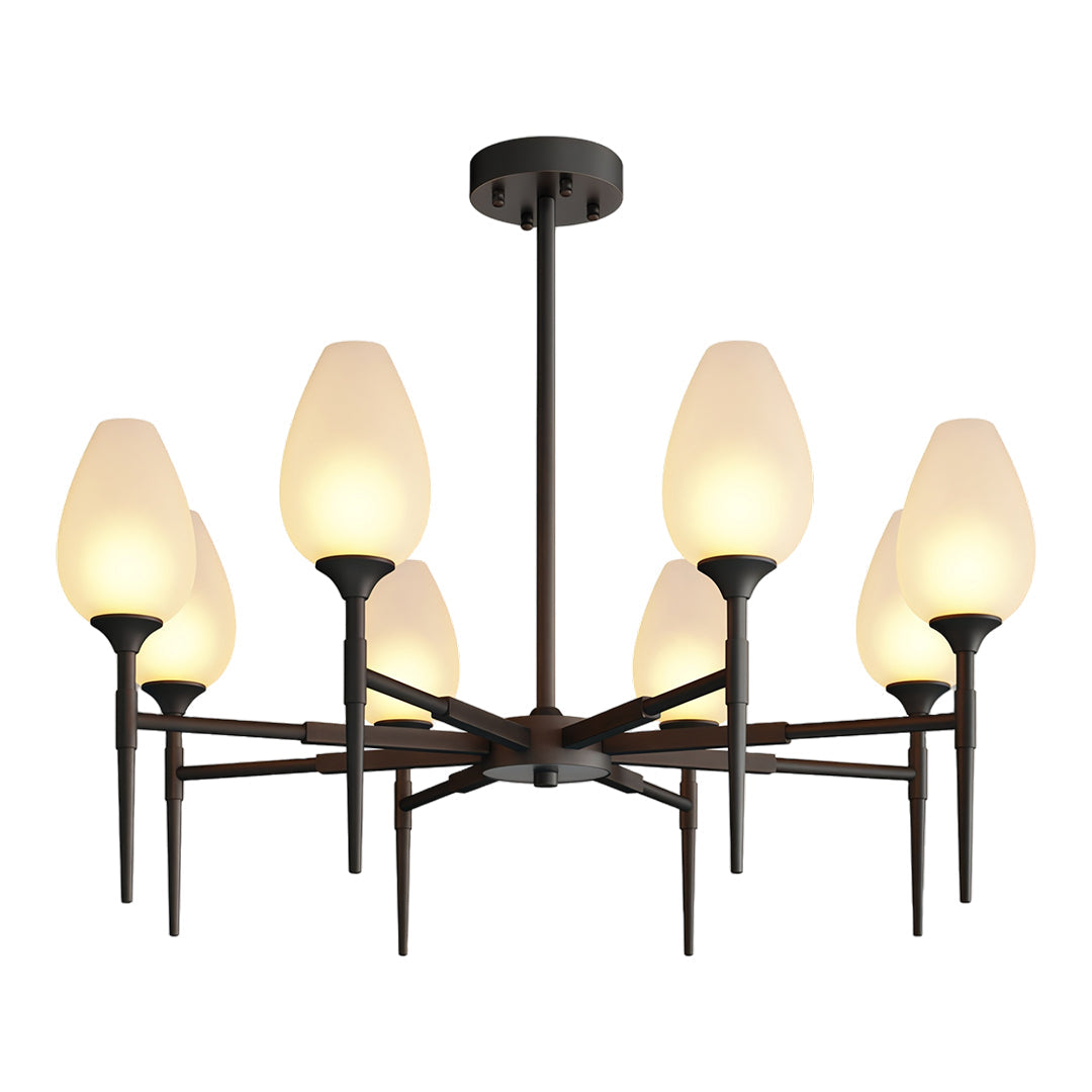 Contemporary glass modern chandelier featuring glass shade chandelier design in matte black with eight frosted glass shades.