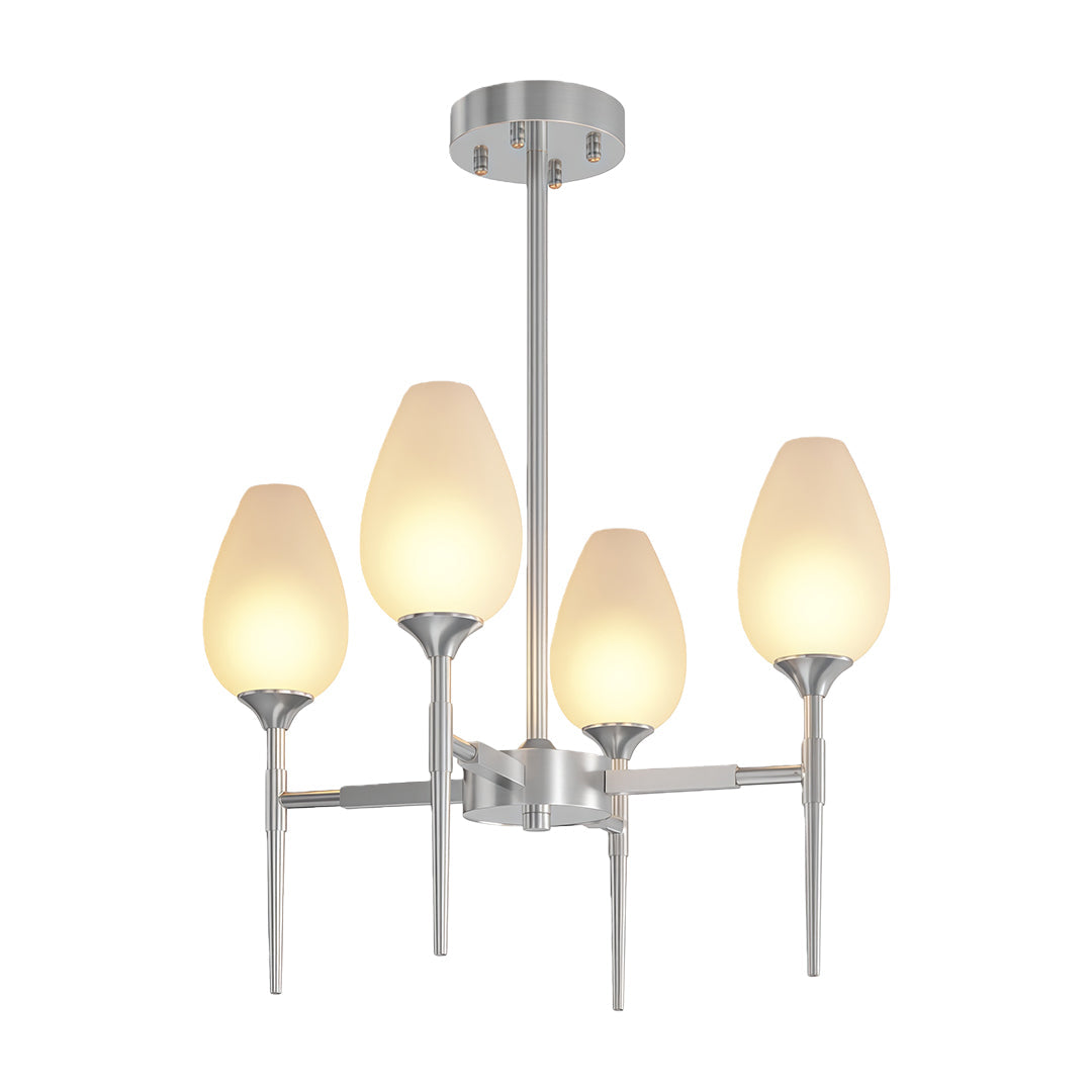 Contemporary glass modern chandelier with glass shade chandelier styling in polished nickel with mid-century branching design.