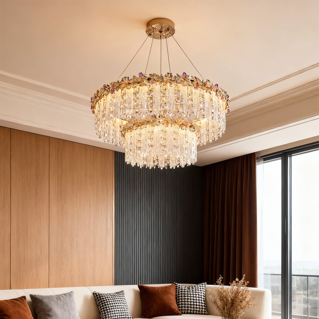 Contemporary gold chandelier crystal complementing beige dining interior.