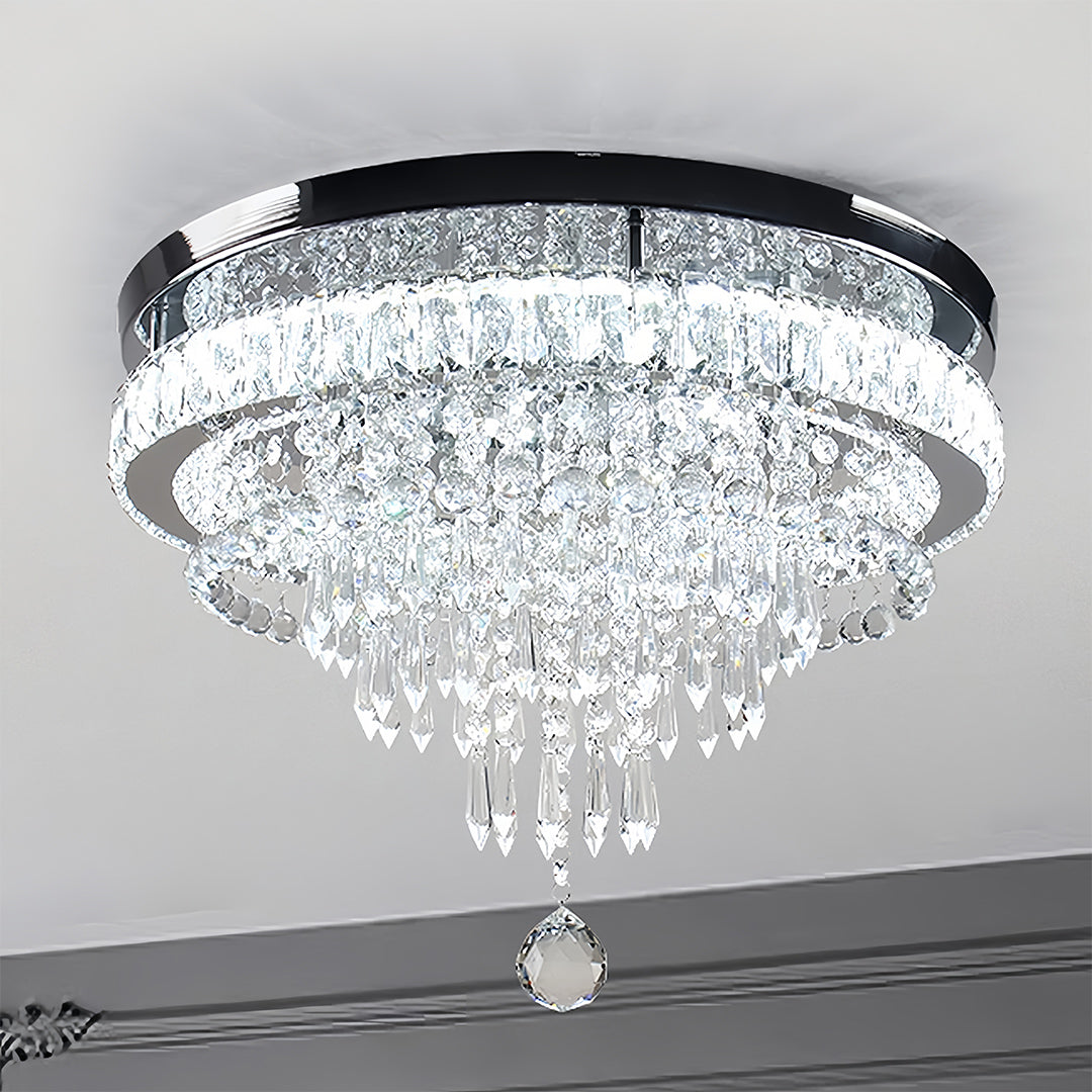Contemporary gold flush mount light in neutral bathroom space providing bright crystal ceiling lighting