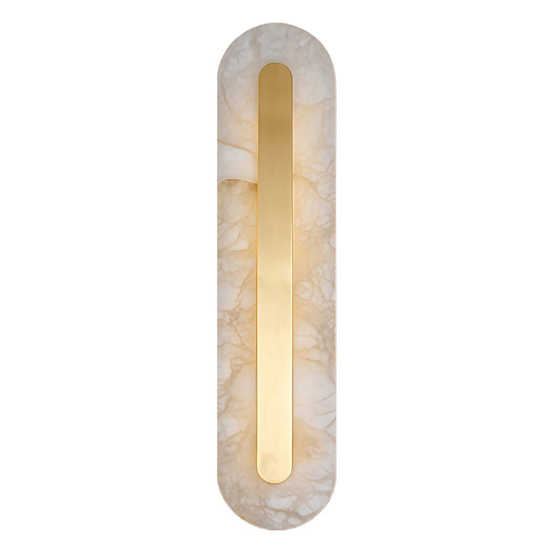 Contemporary gold wall light with glass shade chandelier styling in vertical capsule design with textured glass and gold metal frame.