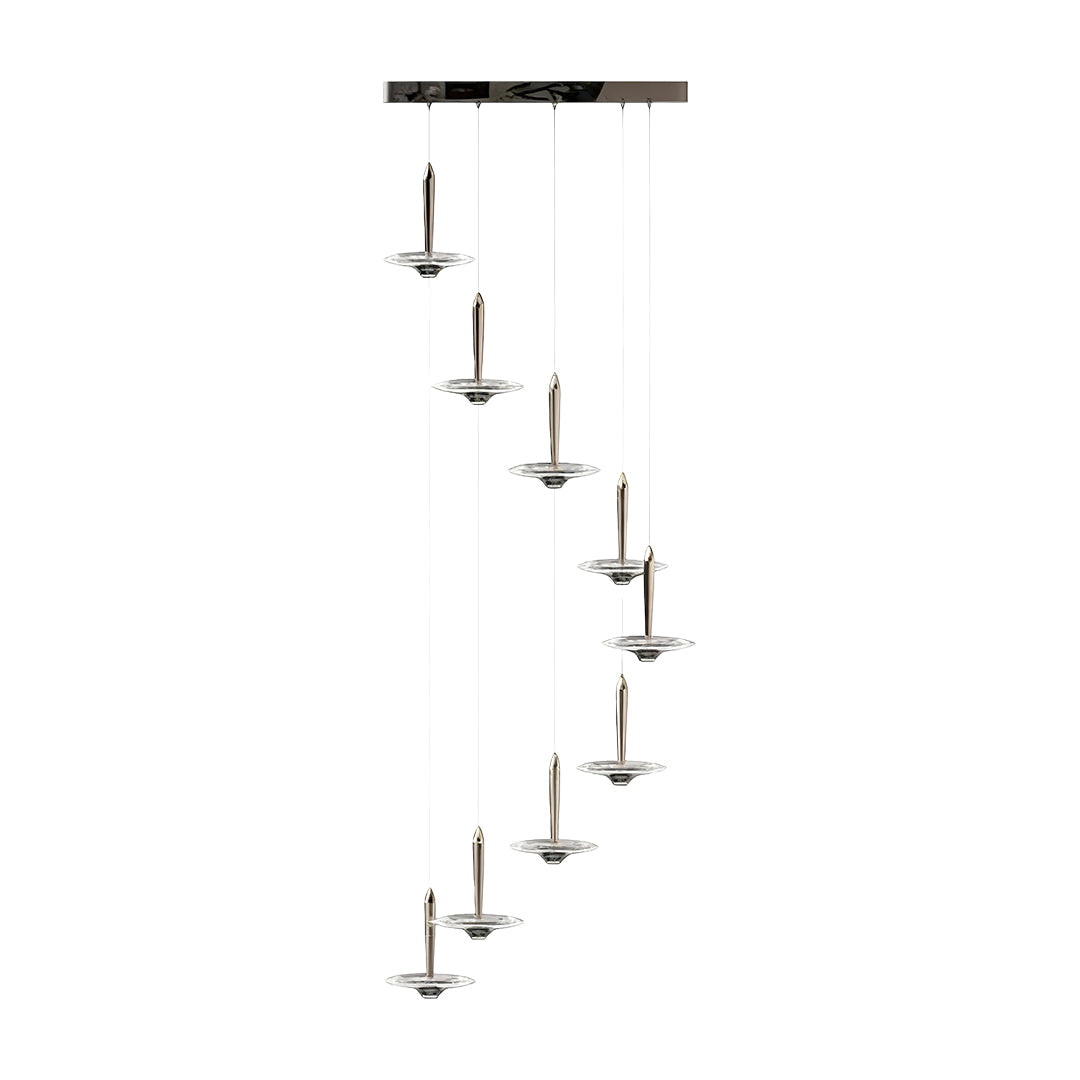 Contemporary large crystal pendant light featuring spiral arrangement of circular glass pendants descending vertically