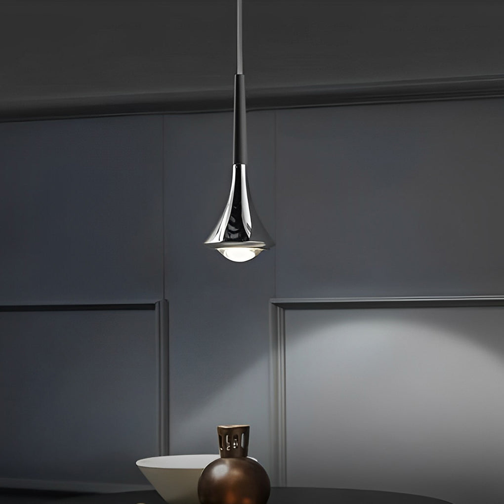 Contemporary mini pendant lights hanging in a minimalist space, highlighting its sculptural metallic form.