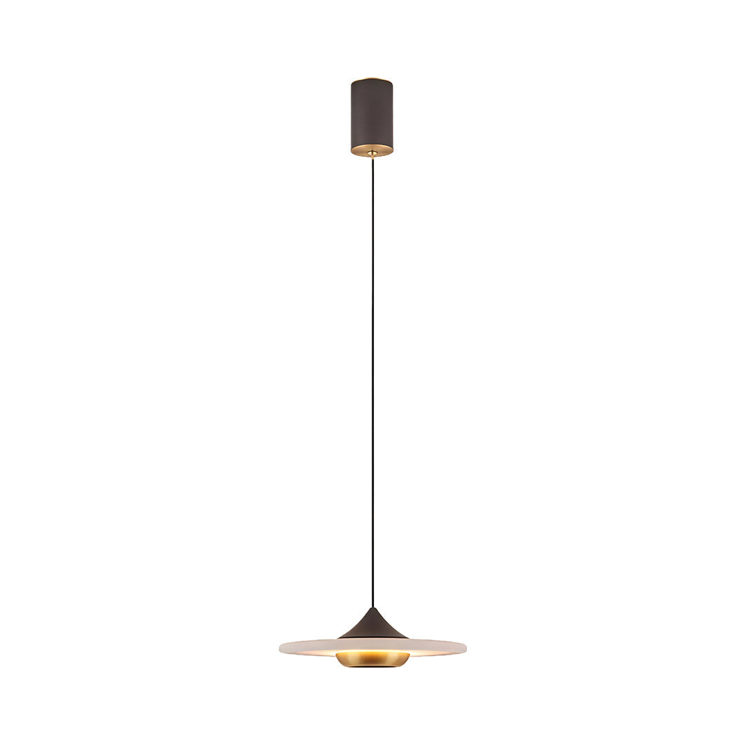 Contemporary modern LED pendant lights featuring glass shade chandelier aesthetic in UFO shape with warm gold finish and dimensions.