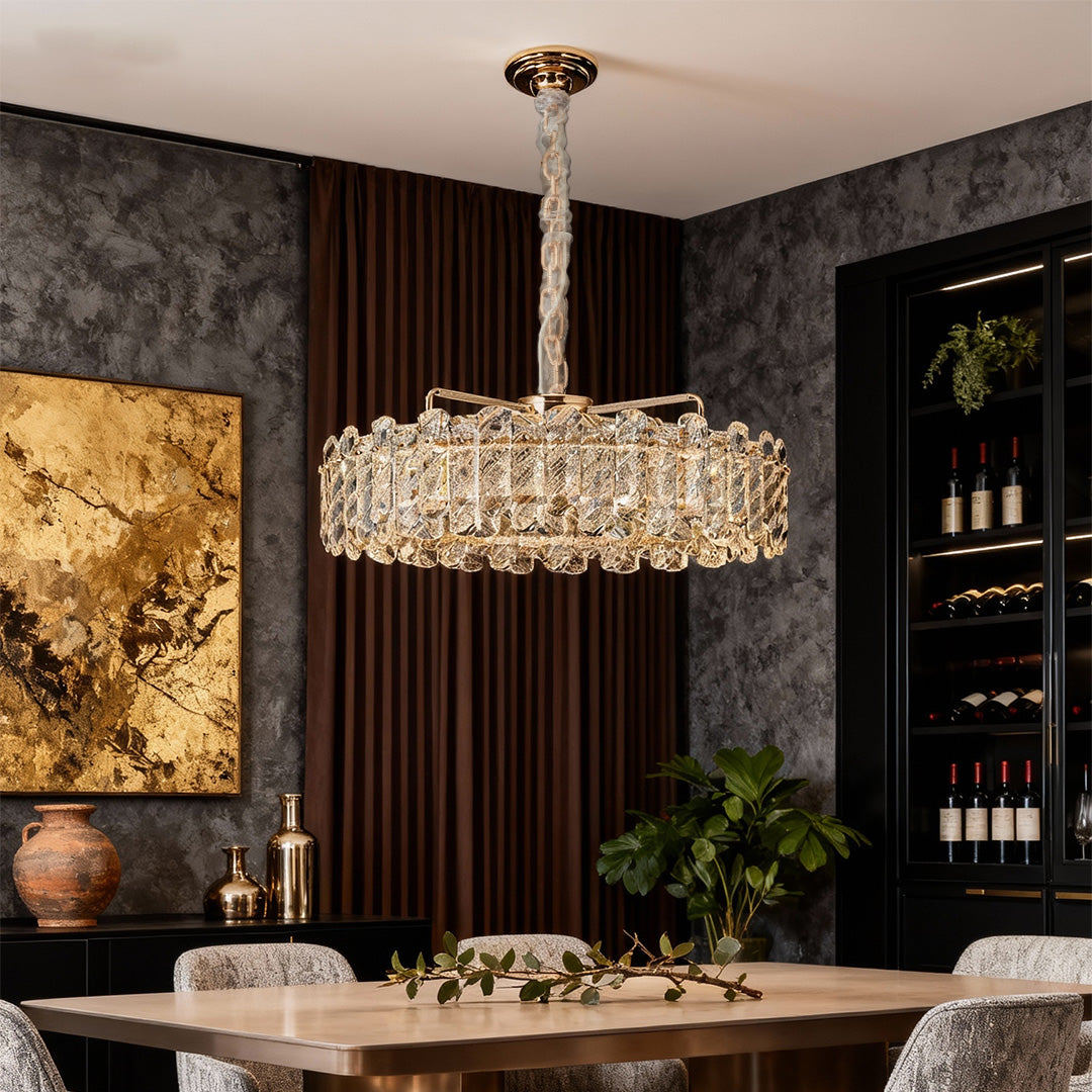 Contemporary Nordic chandelier featuring glass shade chandelier design providing warm ambient lighting in sophisticated dark interior.