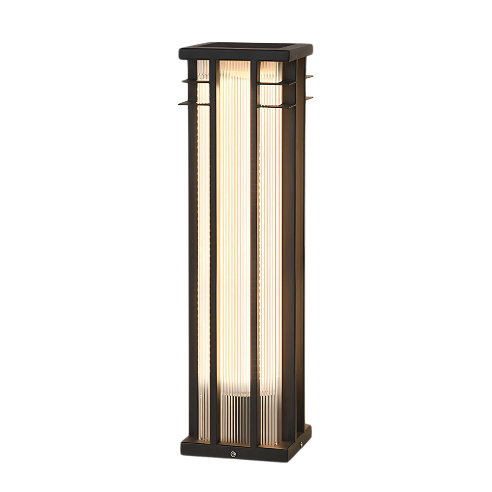 Contemporary outdoor column light featuring sleek black housing with bright LED strip illumination