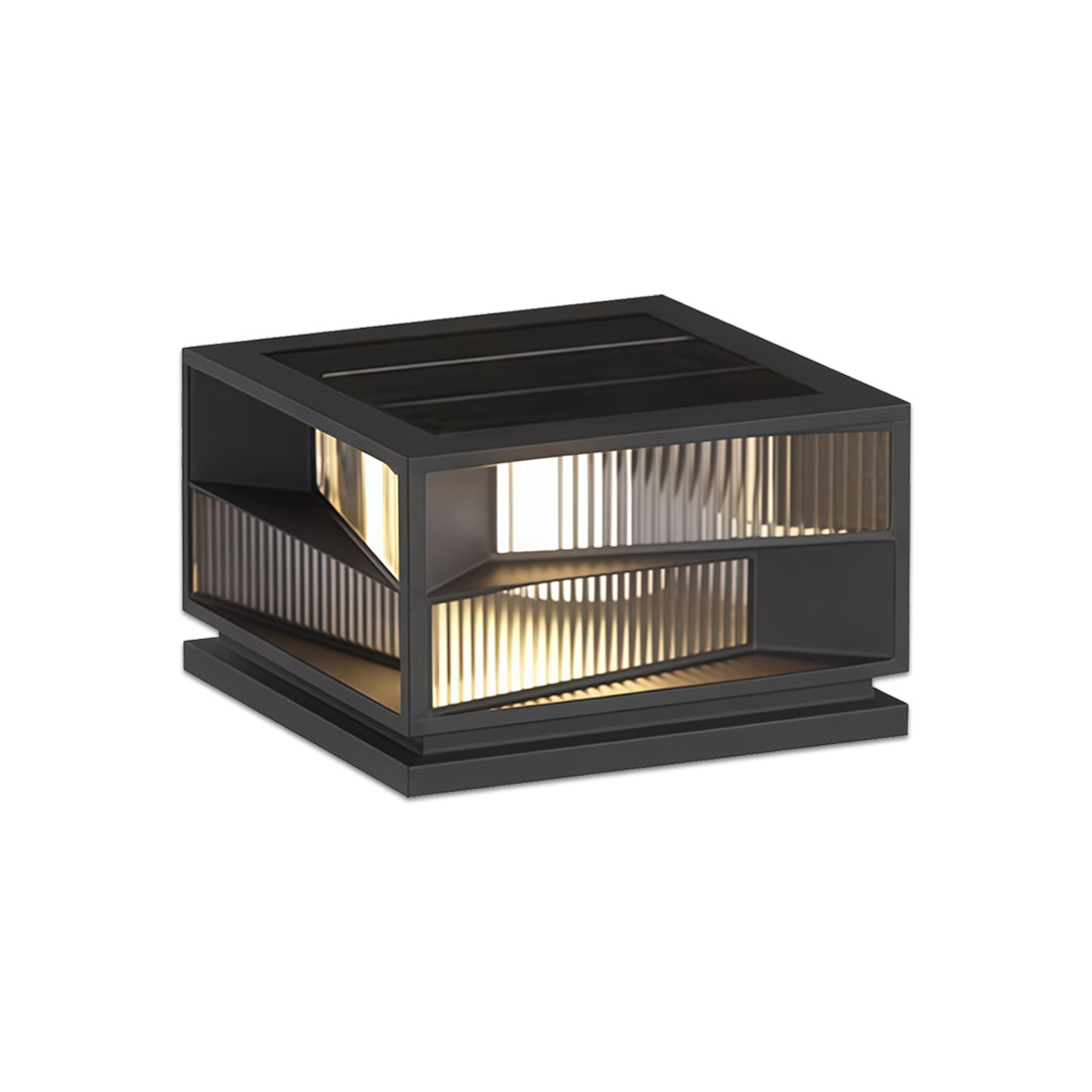 Contemporary outdoor wall lighting pillar LED fixture in sleek black with modern slatted glass design