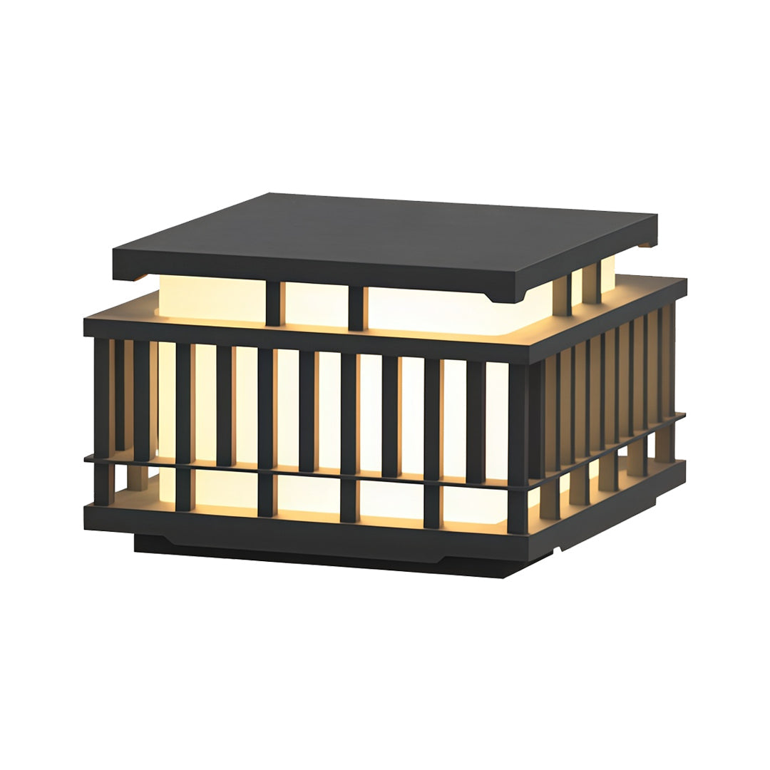 Contemporary outdoor wall lighting pillar mounted fixture with architectural slatted housing and black cap