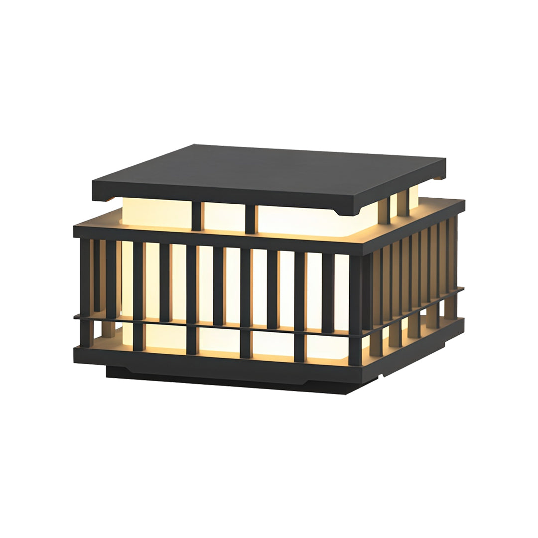 Contemporary outdoor wall lighting pillar mounted light featuring modern cage design with warm LED glow