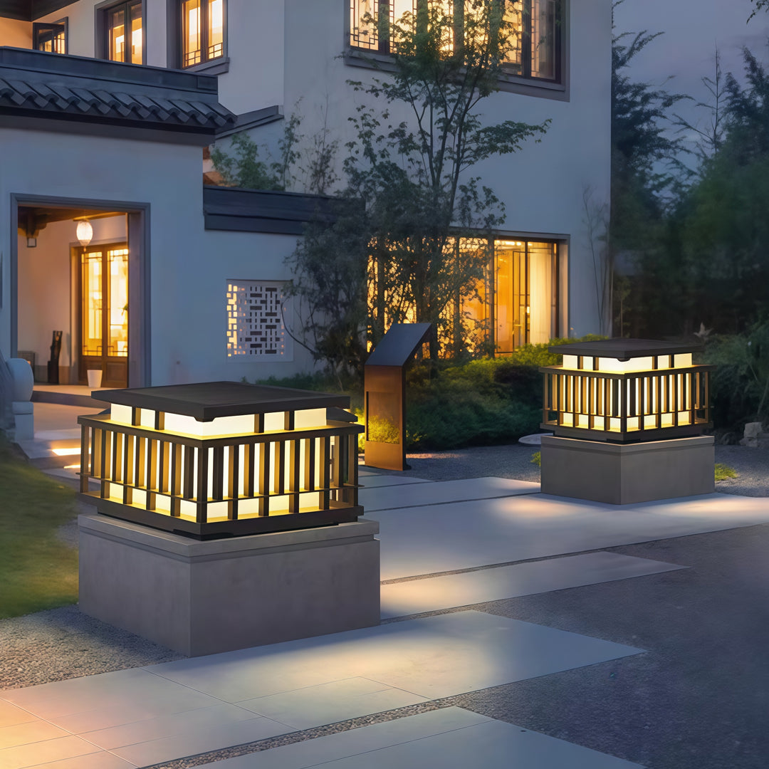 Contemporary outdoor wall lighting pillar mounted fixture with compact cage style and modern geometric design