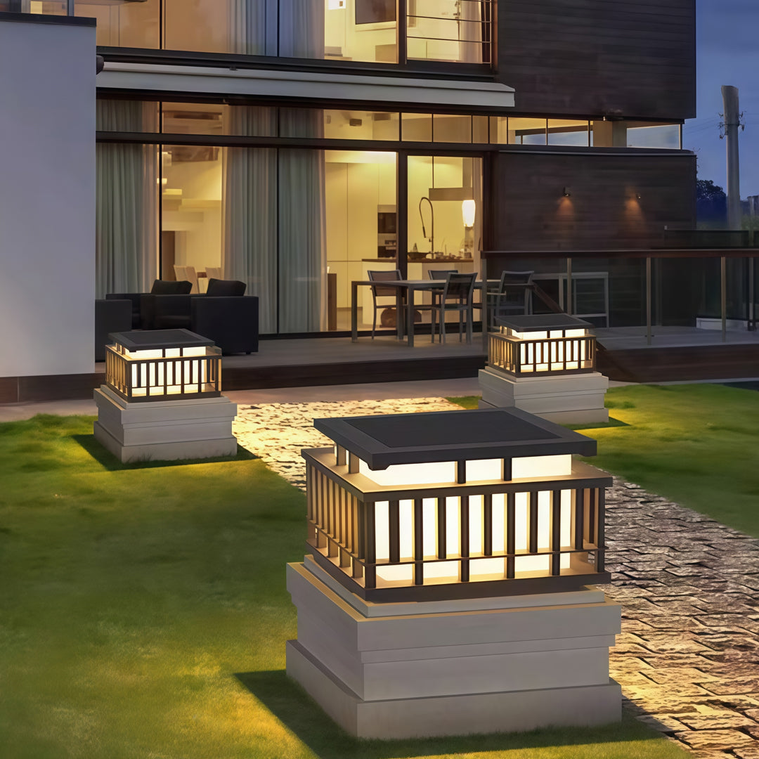 Contemporary outdoor wall lighting pillar mounted light featuring elongated profile with vertical illuminated panels
