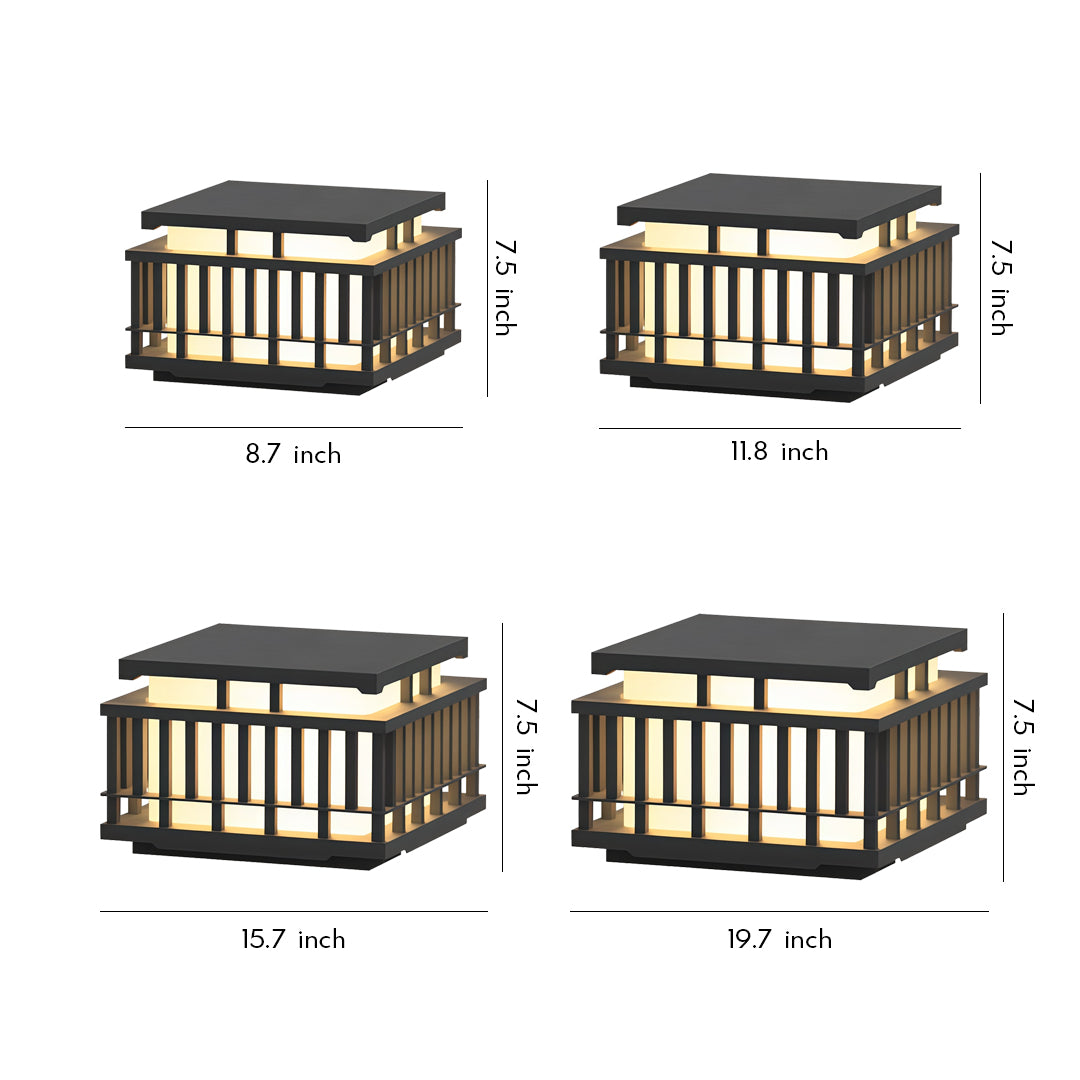 Contemporary outdoor wall lighting pillar mounted lights in four sizes with black caps and slatted illuminated panels
