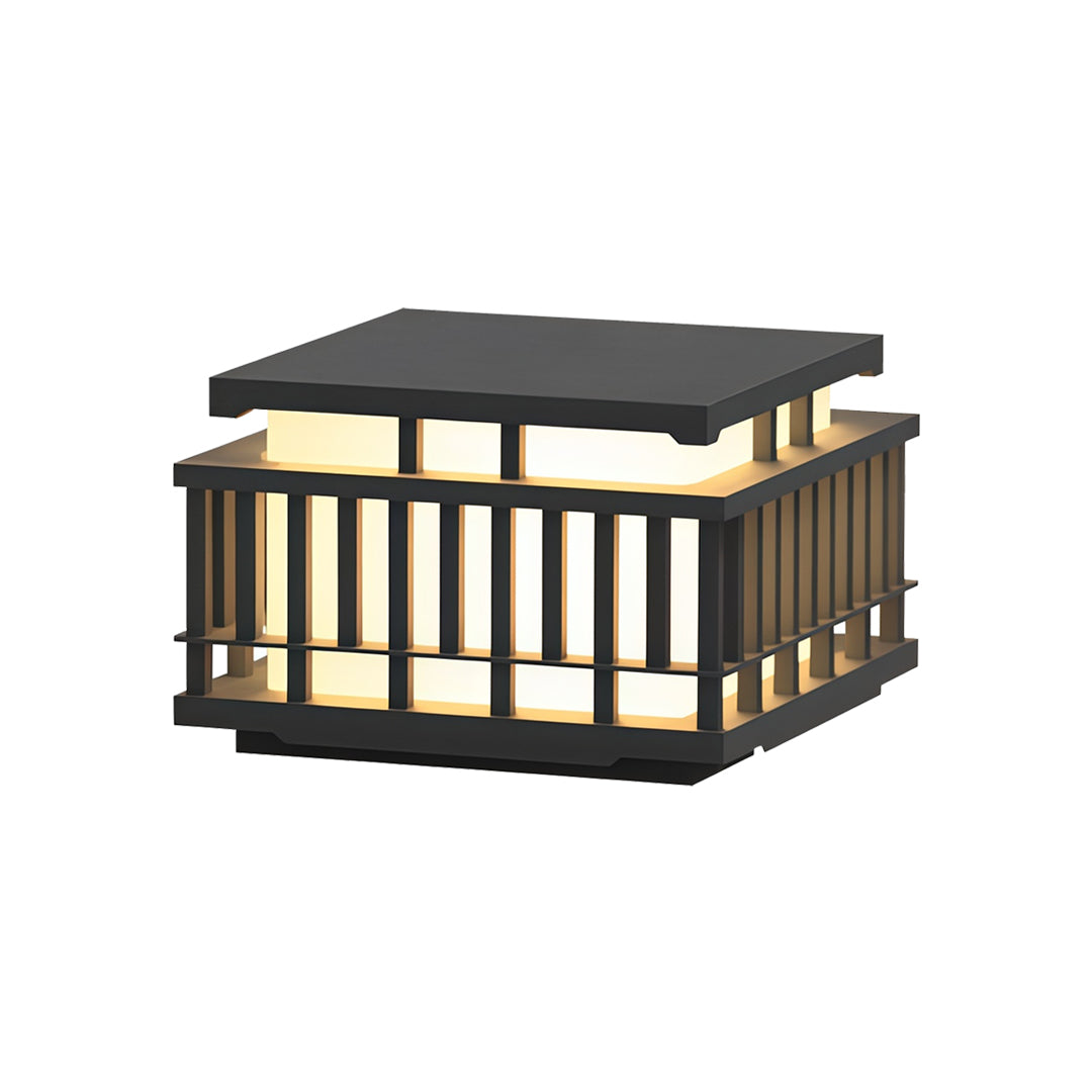 Contemporary outdoor wall lighting pillar mounted fixture with black top and vertical illuminated slat design