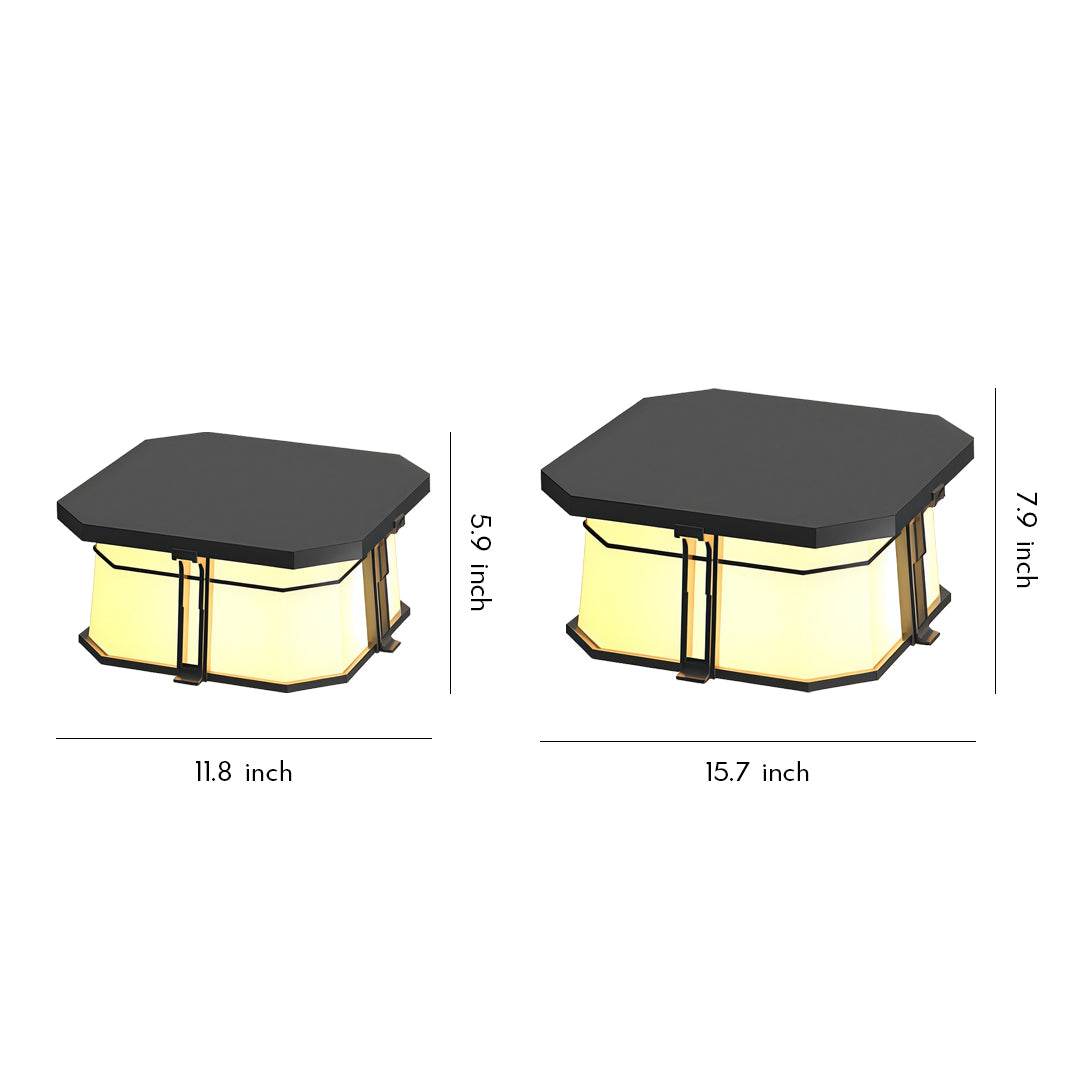 Contemporary outdoor wall lighting pillar top lights in two sizes with frosted glass and black canopy design