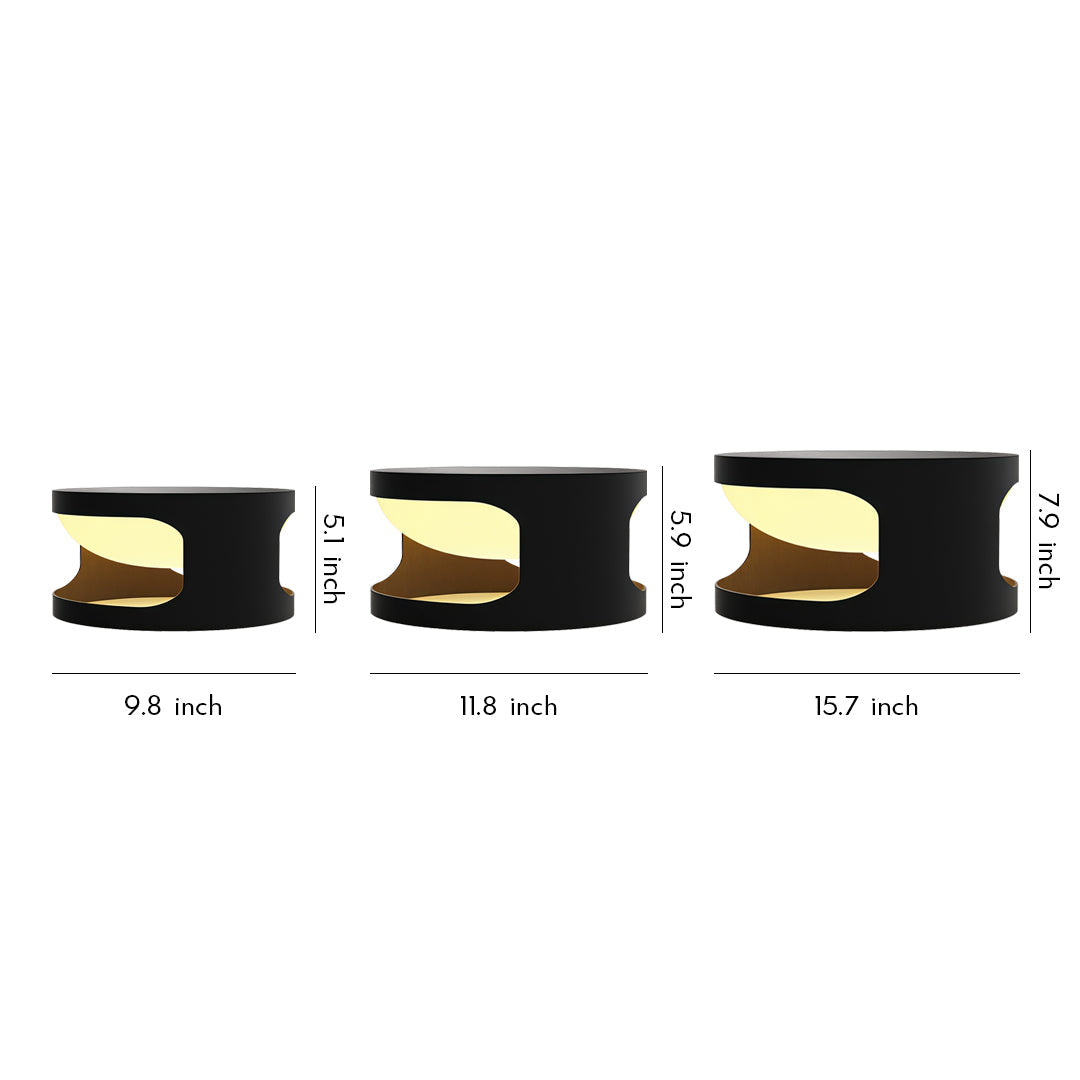 Contemporary outdoor wall lighting for pillar tops in three sizes with curved black design and warm LED glow