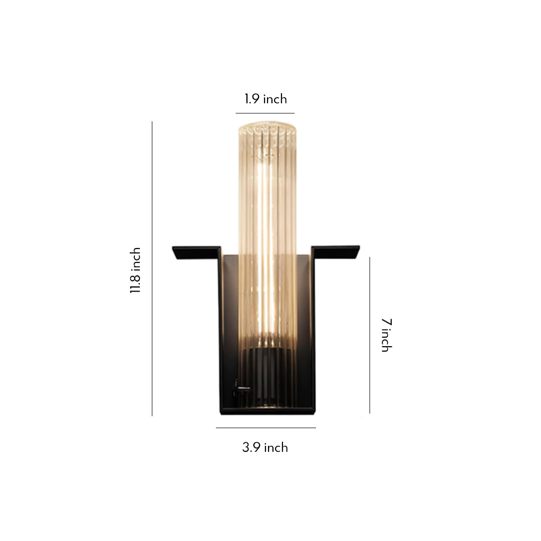 Contemporary outdoor wall lighting with vertical ribbed glass shade and black metal accents on white background