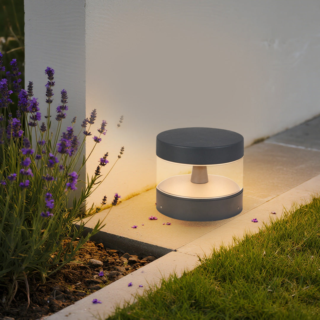 Contemporary path lights installed beside plants, emphasizing low-profile construction and warm ambient glow.