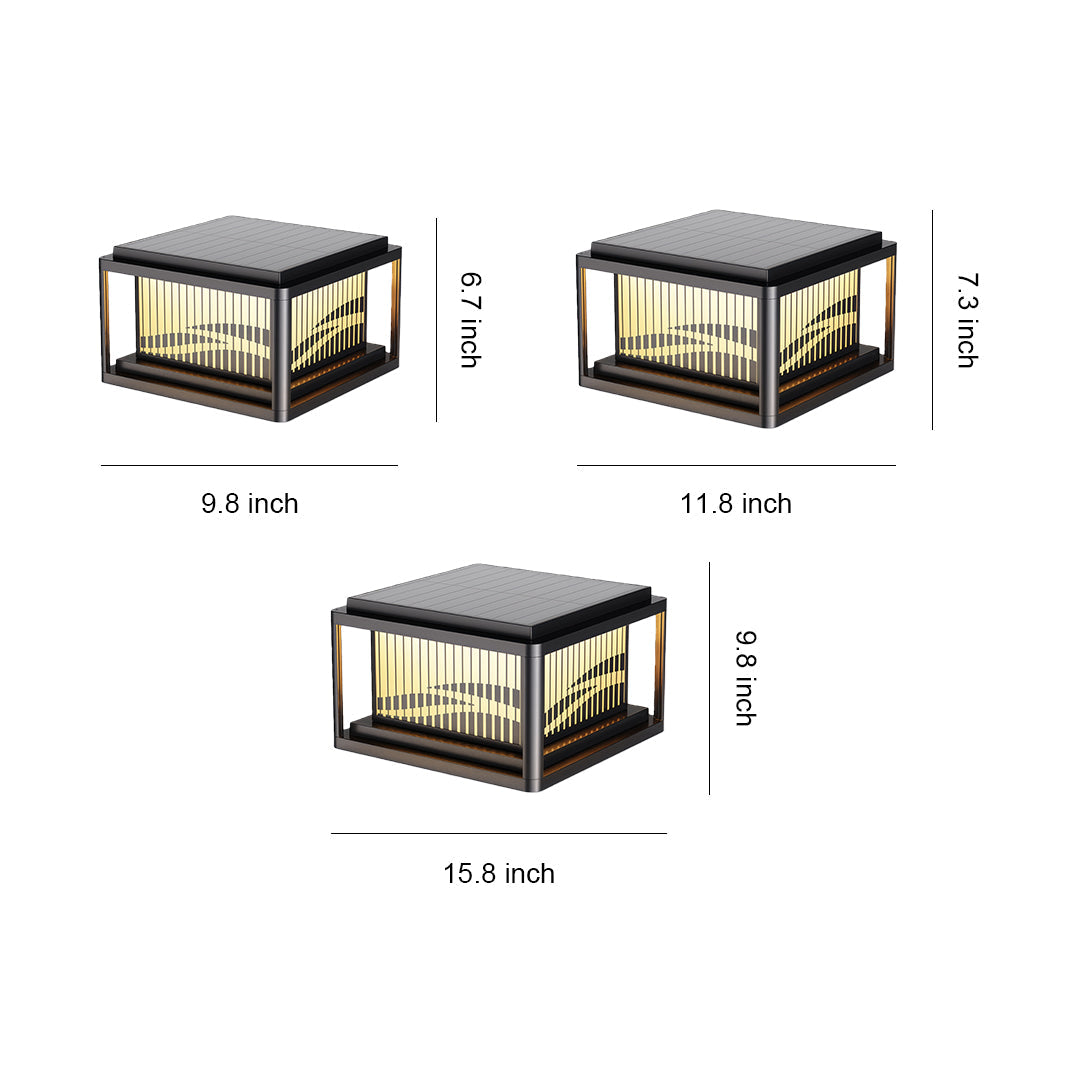 Contemporary pillar lights showing three different size options with dimension measurements on white background.