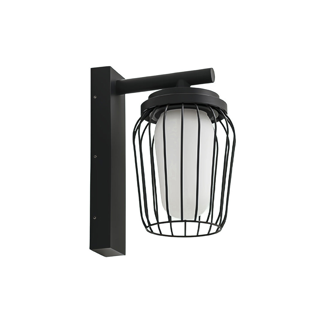 Contemporary black outdoor wall lantern sconce with ribbed glass housing mounted on a metal wall bracket.