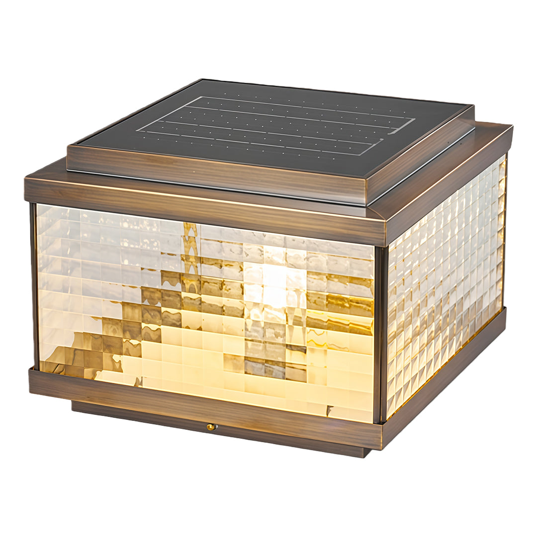 Contemporary pillar cap light showcasing horizontal ribbed glass and dark solar panel top design.