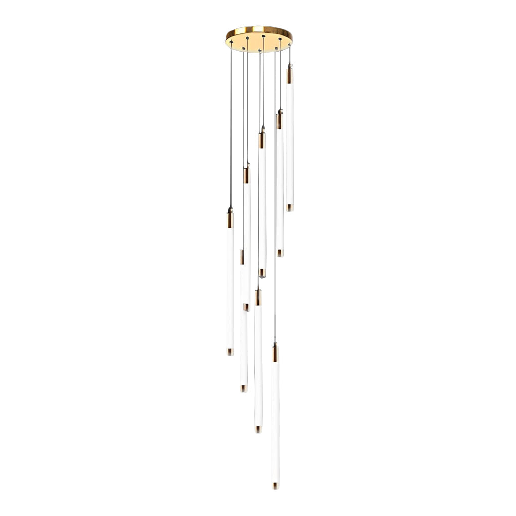 Contemporary staircase chandelier with gold-finished pendant lights, adding warmth to a staircase.