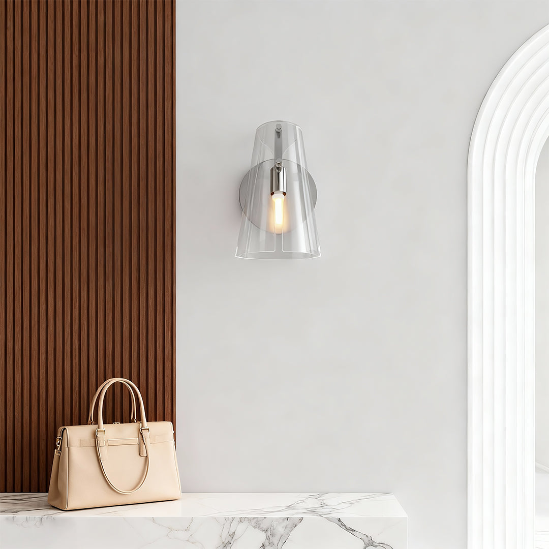 Modern luxury chandeliers style contemporary wall sconce lighting in elegant hallway with wood slat wall.