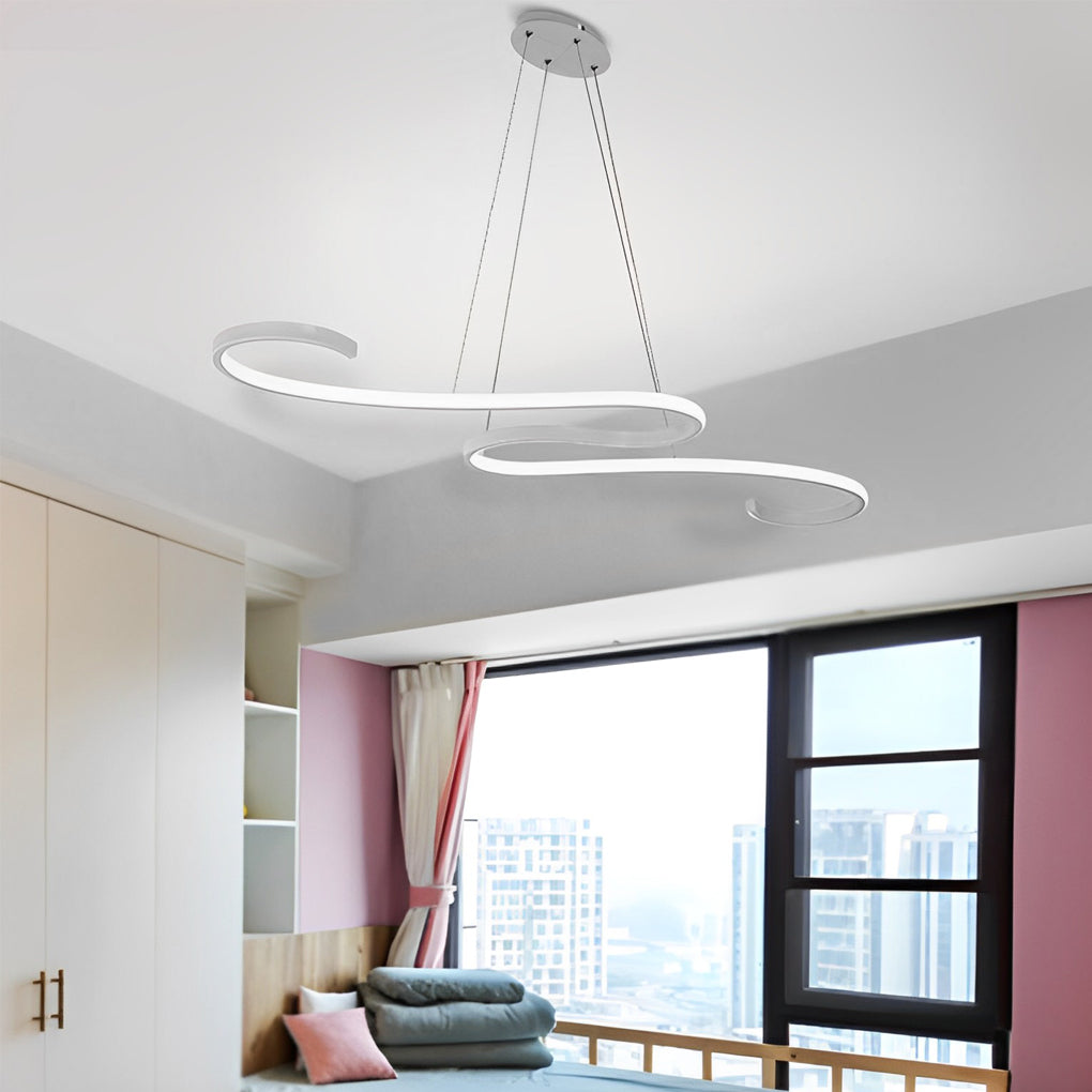 Contemporary white chandeliers casting soft light in a modern dining room with large windows.