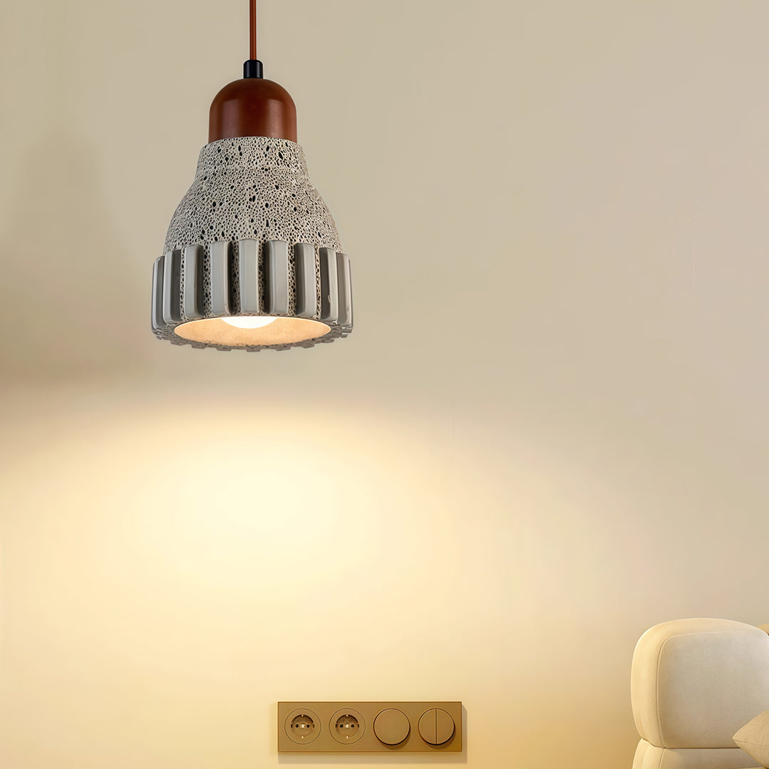Wood pendant lighting with a contemporary design, featuring a woven shade and warm wood accents.