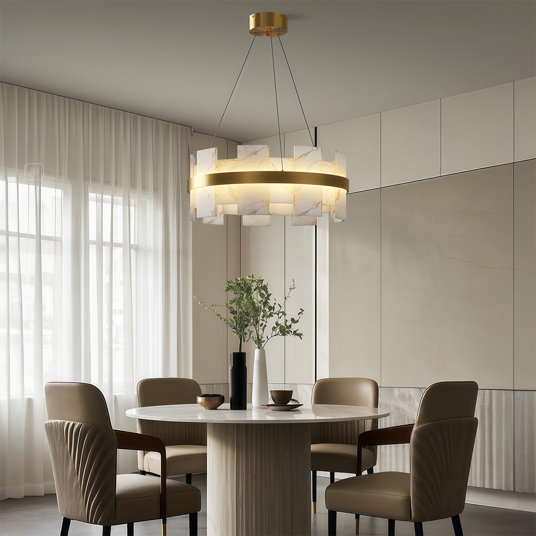 Copper modern chandelier enhancing bright dining area with natural light and modern seating