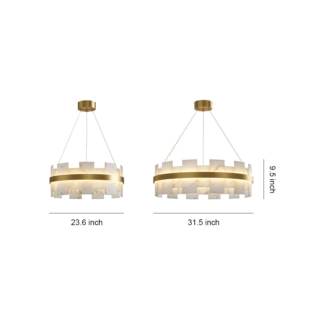 Copper modern chandelier size specification diagram with two configuration options