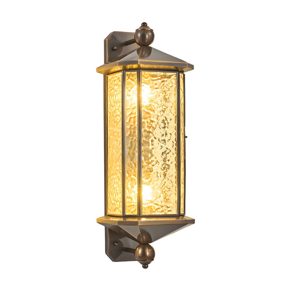 Isolated copper outdoor wall lantern on a white background, highlighting its vertical design and hammered glass finish.