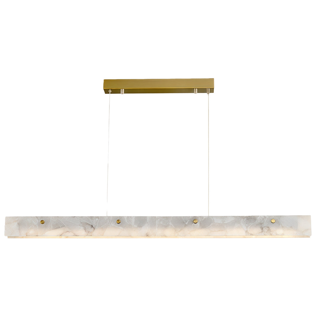 Copper metal pendant light installed above a marble dining table, adding a touch of elegance and warmth.
