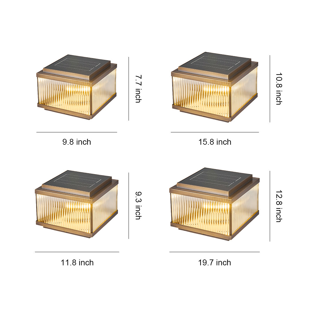 Copper pillar lights design reference sheet showing four warm-toned square post lamps with corrugated sides.