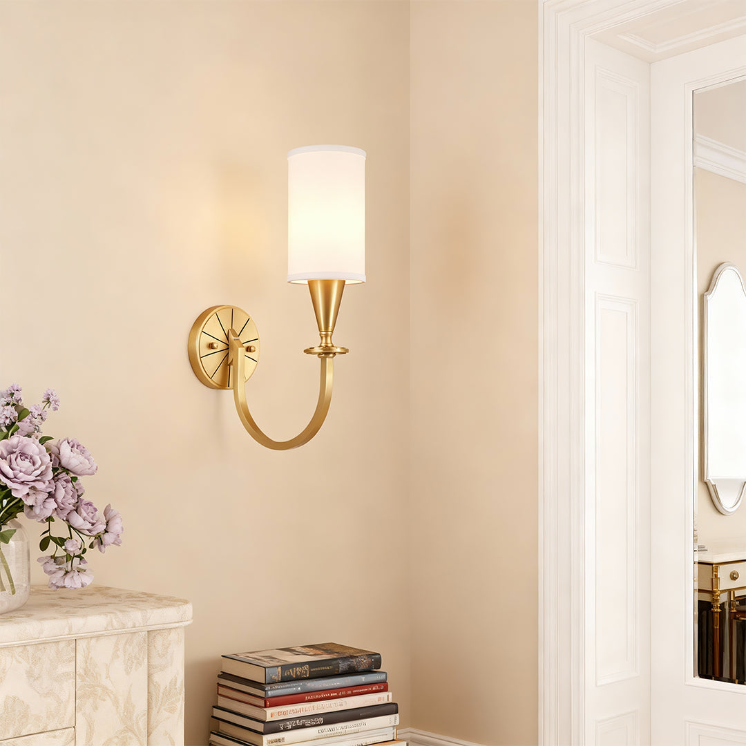 Modern luxury chandeliers style copper wall lights beside wall art in minimalist setting