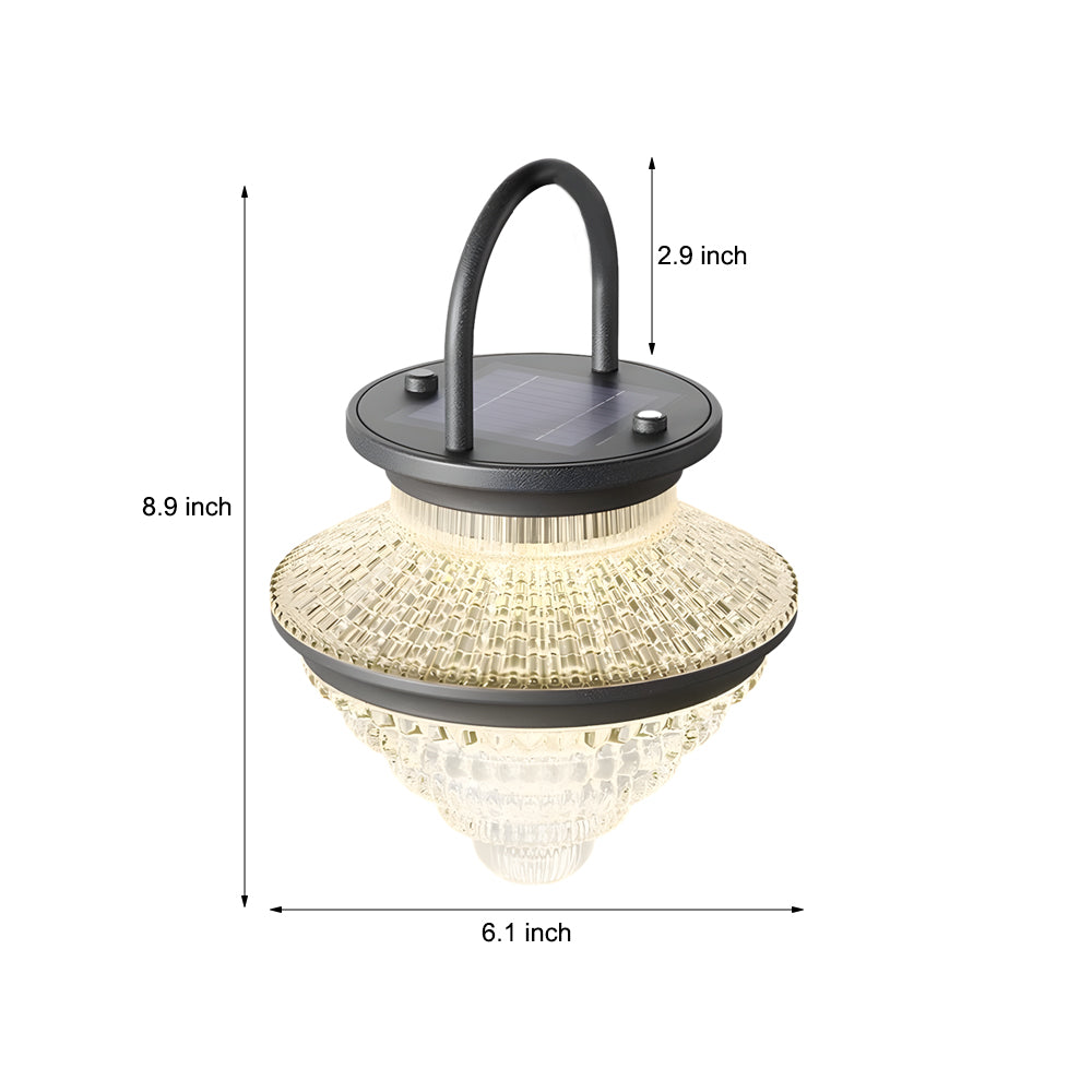 Cordless acrylic hanging lantern dimension diagram illustrating height and width for installation reference.