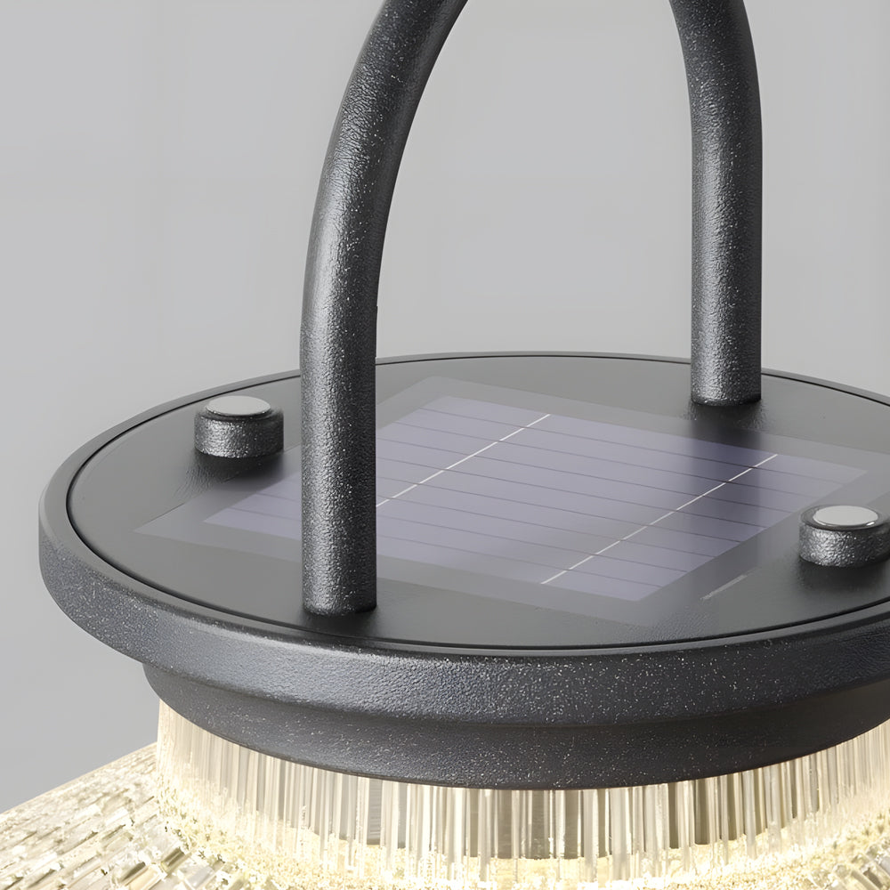 Top view of cordless acrylic hanging lantern with integrated solar panel and sturdy carrying handle.