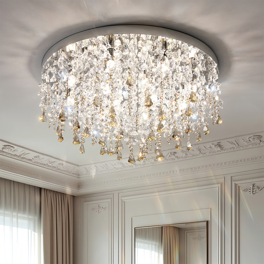 Corner view of unique crystal chandelier installed in sophisticated living space with neutral decor