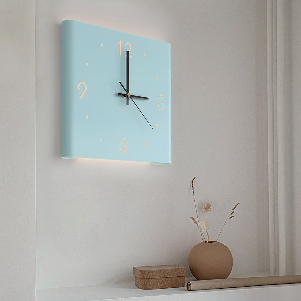 Corner wall clock lamp providing ambient lighting in modern interior