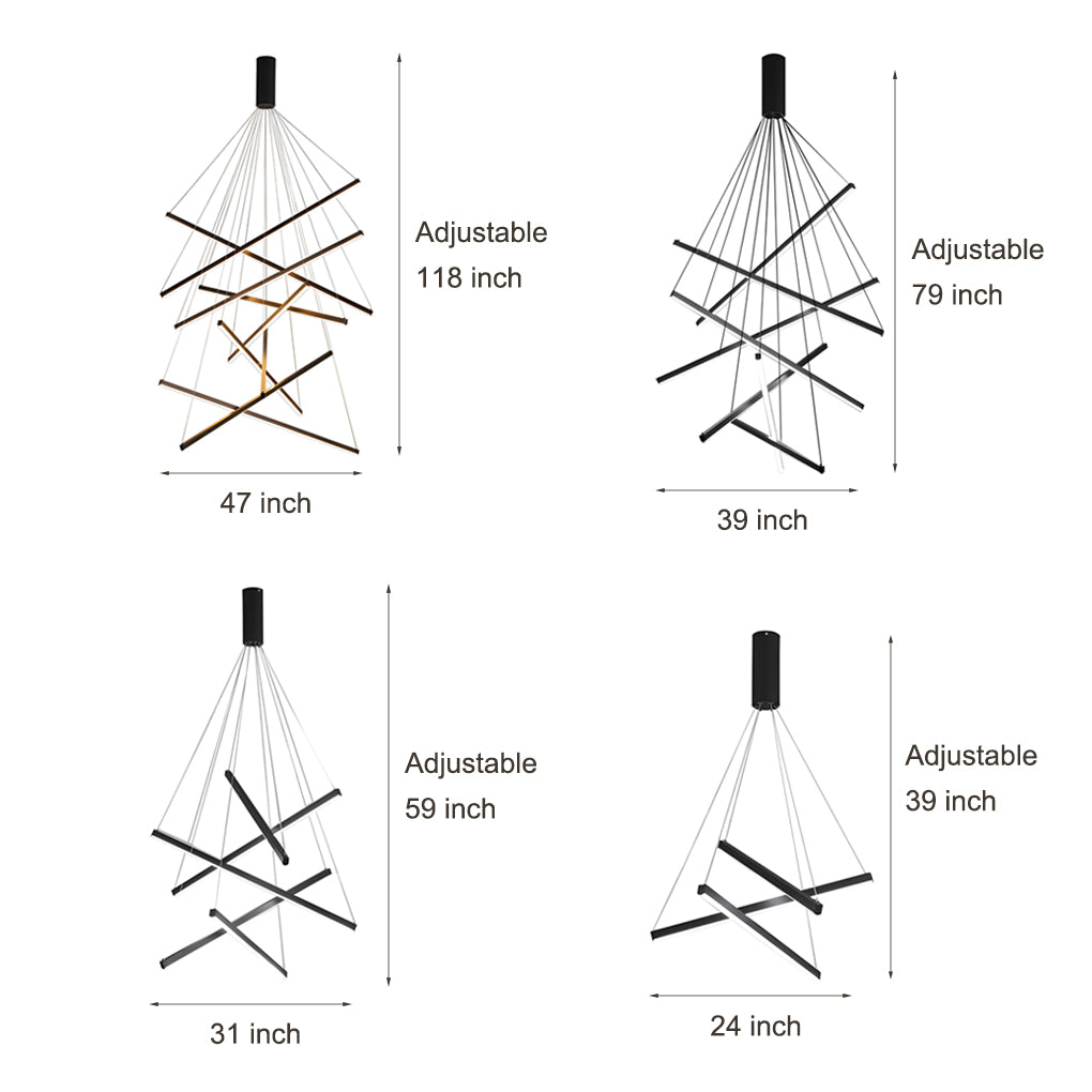 Criss linear chandelier with adjustable gold and black rods, providing versatile lighting for modern spaces.