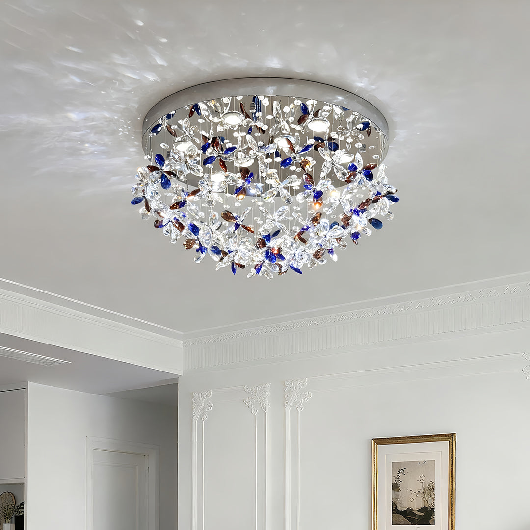 Modern crystal flush mount lights installed on ceiling in contemporary white hallway interior