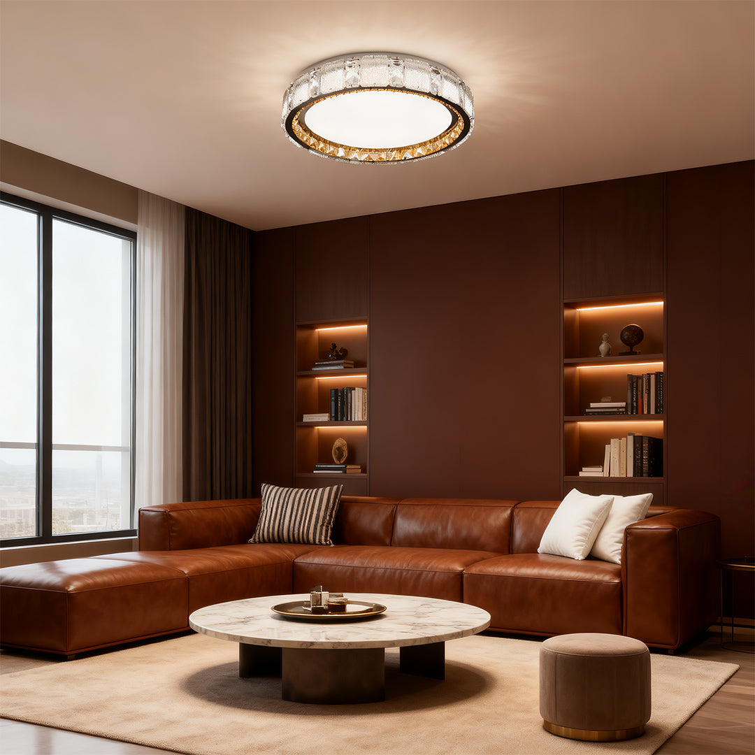 Crystal flush mount ceiling light centerpiece in luxurious brown-toned living room with ambient lighting.