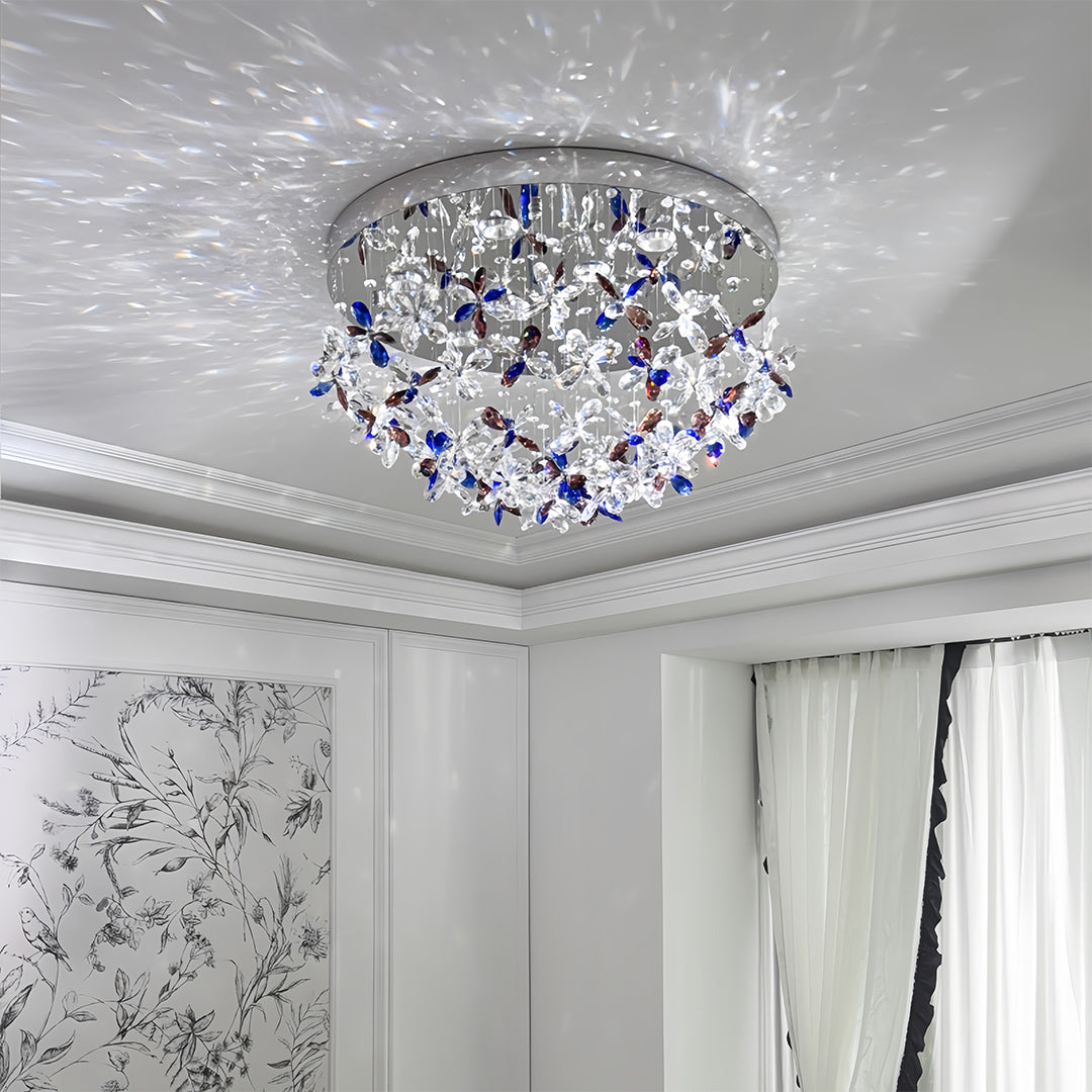 Crystal flush mount lights installed on white ceiling in modern minimalist room setting