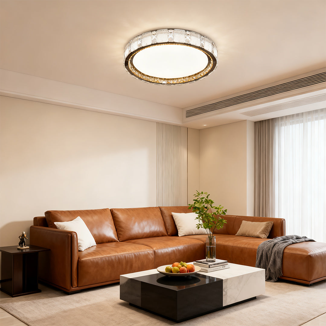 Crystal flush mount ceiling lights providing sophisticated illumination in contemporary neutral living area.