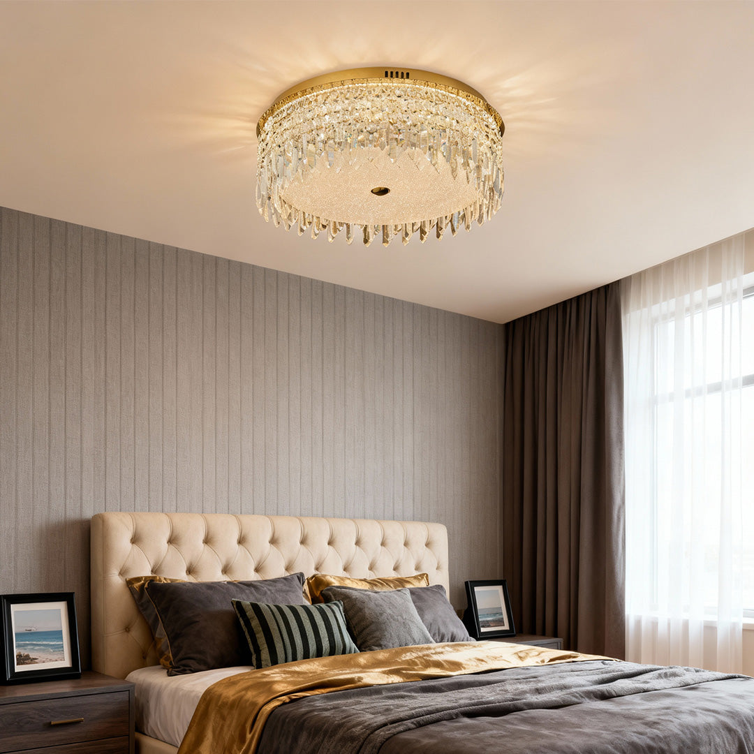 Crystal ceiling lights flush mount in modern bedroom decor with headboard.