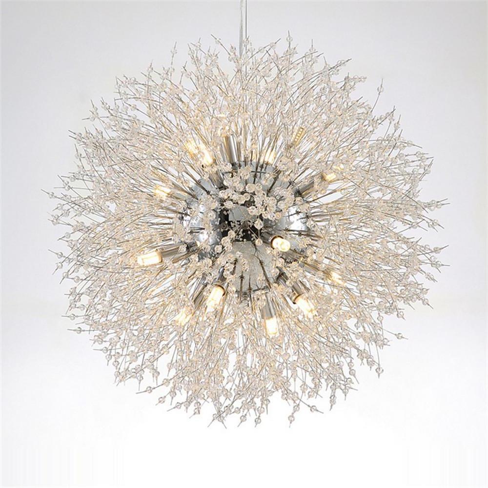 Crystal dandelion chandelier with a close-up of the crystal branches and LED bulbs.
