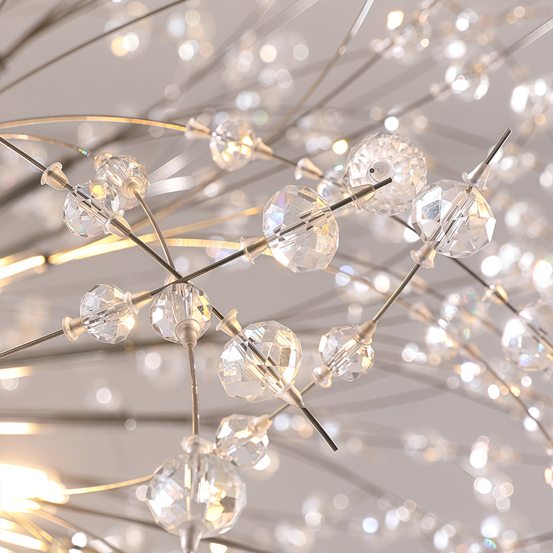 Crystal dandelion chandelier in gold, front view of the intricate design.