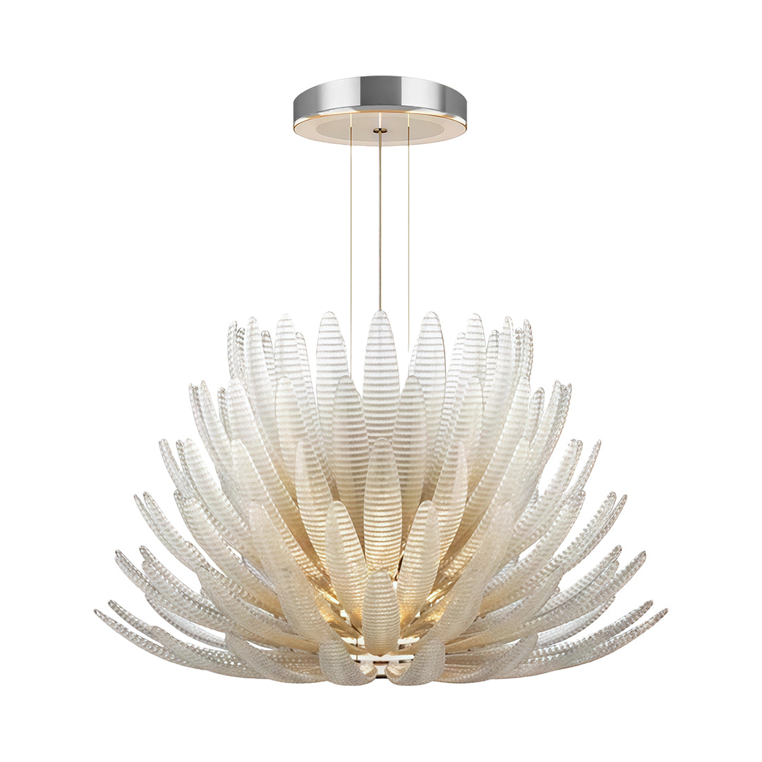 Crystal deco chandelier in art deco design with sculpted glass petals.
